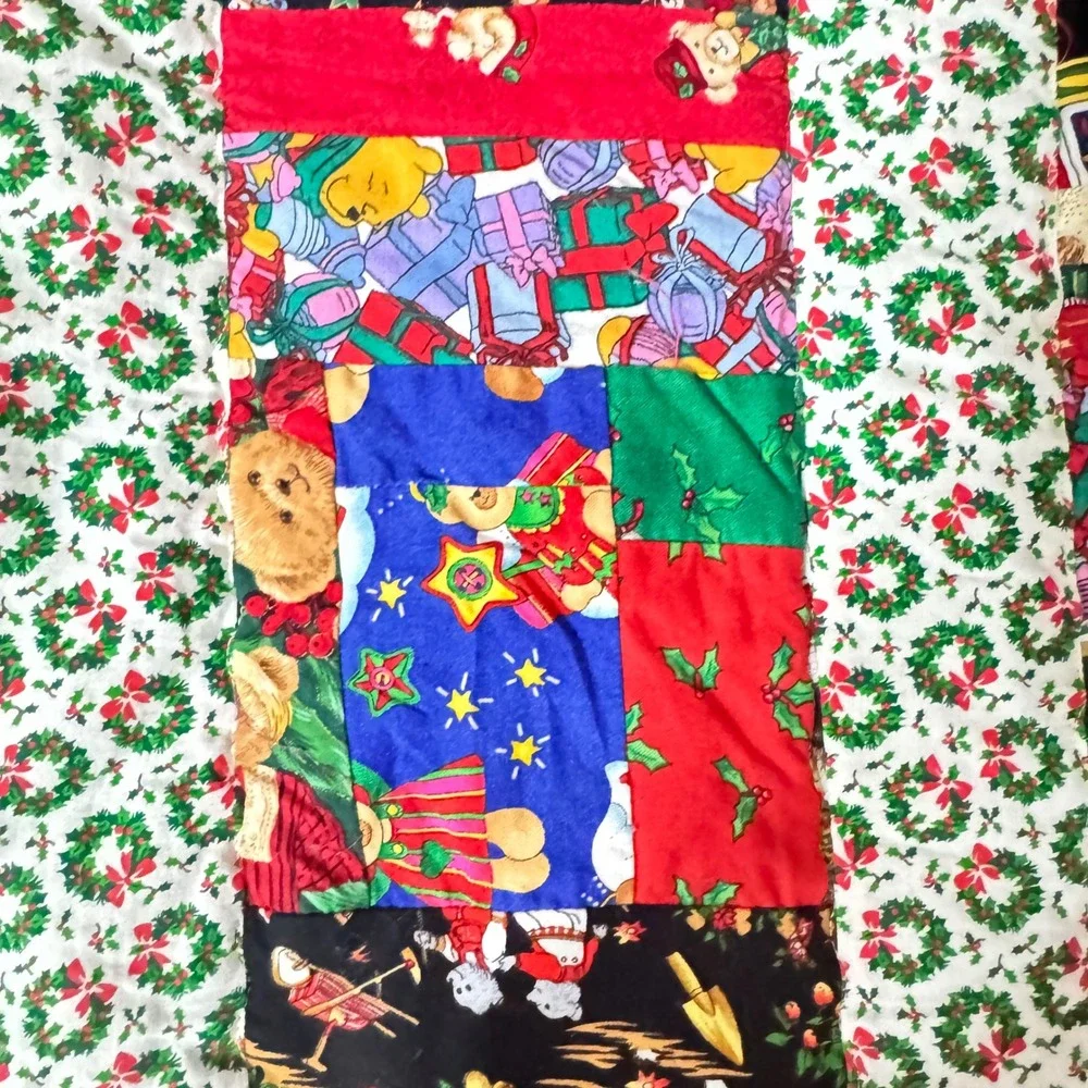 Handmade Christmas Teddy Bear‎ Patchwork Baby Quilt Holiday Lap Blanket 39x34